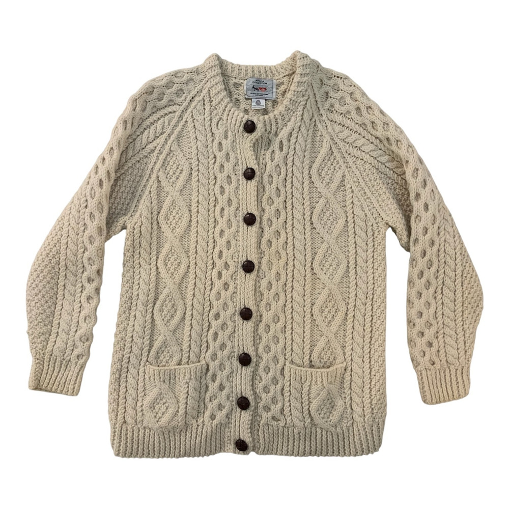 VTG Avoca Women size M Cream Irish Aran Hand-Knit Wool Cardigan Fisherman